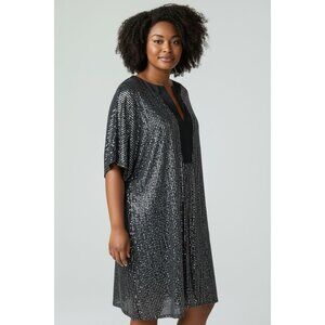 Black & Silver Sequin Tunic Dress V-Neck Short Sleeve Lined Plus Size XL